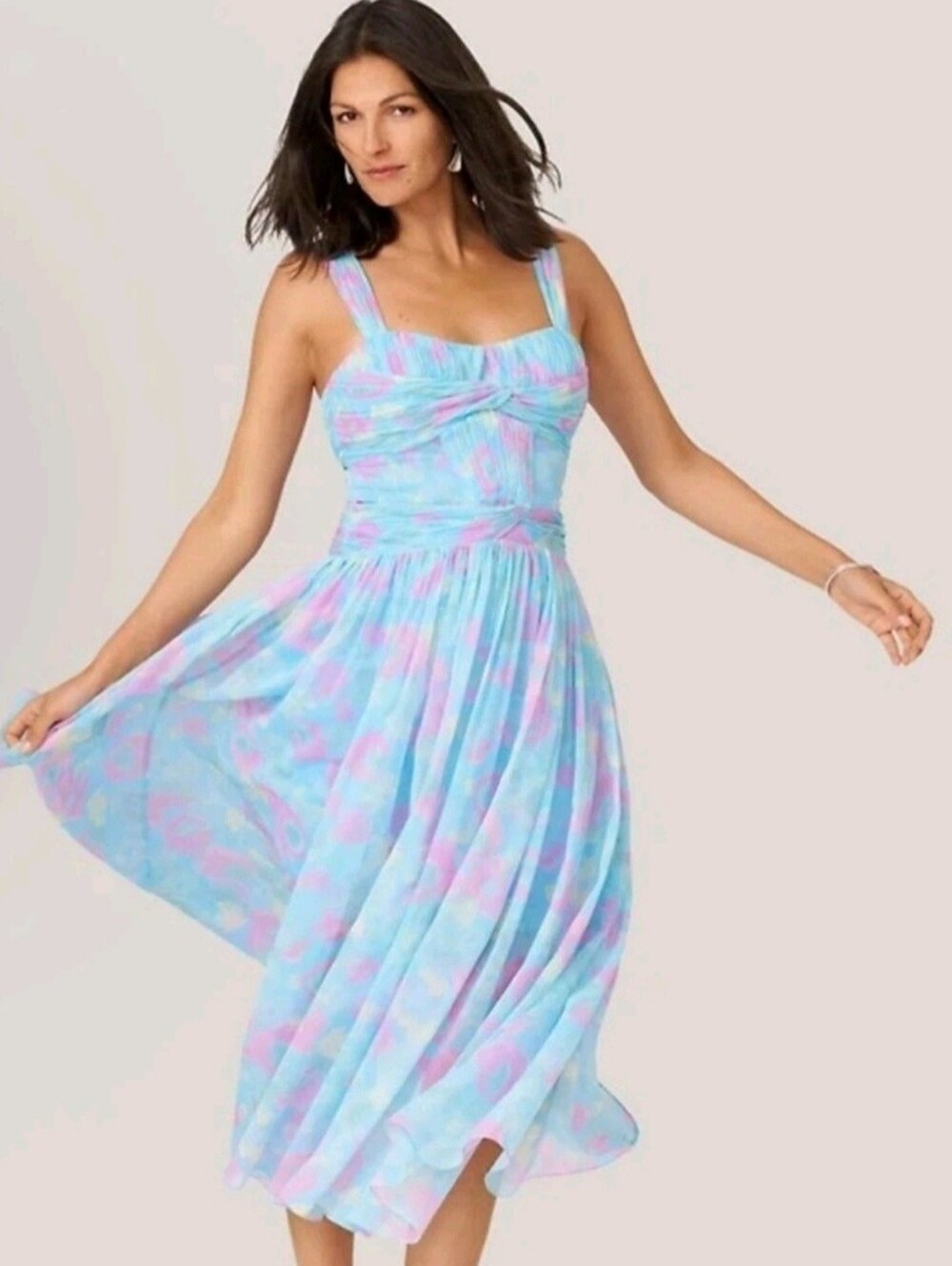 J. Mendel Pastel Blue and Pink Floral Midi Dress
